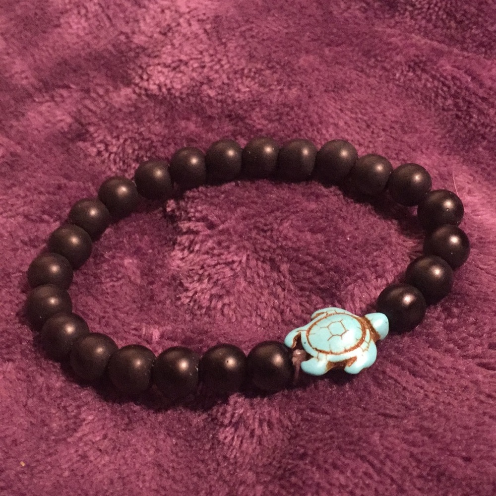 Cute Beaded Bracelet with Turquoise Turtle - Black - Picture 2 of 3